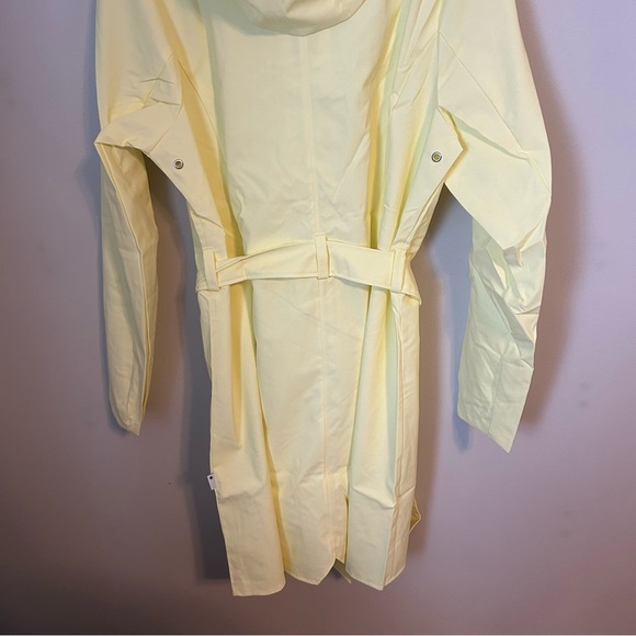 Rains Jacket Curve Long Straw Yellow Hooded Belted Pockets Zipper Buttons - Picture 12 of 16